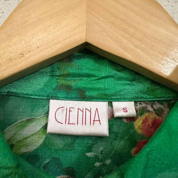 CIENNA Floral Shirt Green Button Up Roll Tab Sleeve Satin Silk Boho - Picture 8 of 12